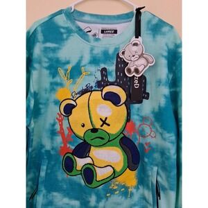 Civilized Embroidered Terry Teddy Bear Graphic Sweatshirt Large Tie Dye Teal Blu